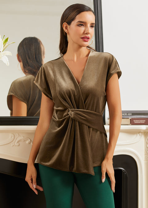 LuxeVelvet Twist-Front Cap Sleeve (Mushroom)