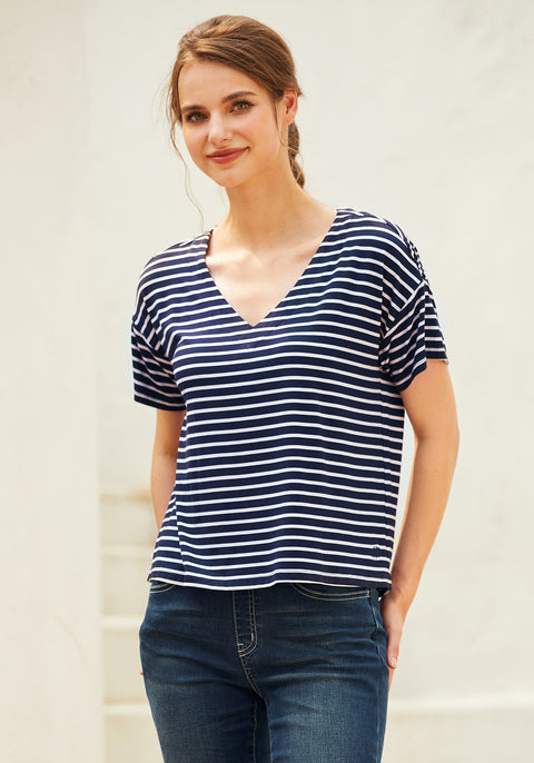 Essential V-Neck Short Sleeve (Navy Stripe) - Final Sale