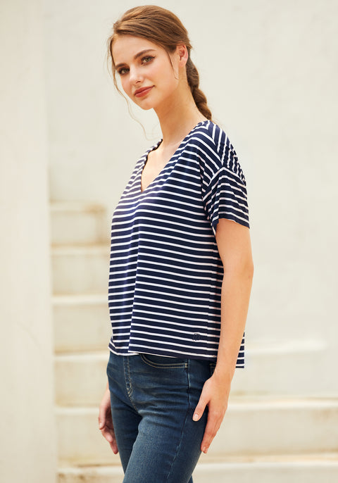 Essential V-Neck Short Sleeve (Navy Stripe) - Final Sale