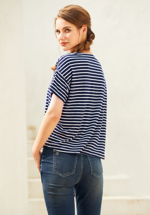 Essential V-Neck Short Sleeve (Navy Stripe) - Final Sale