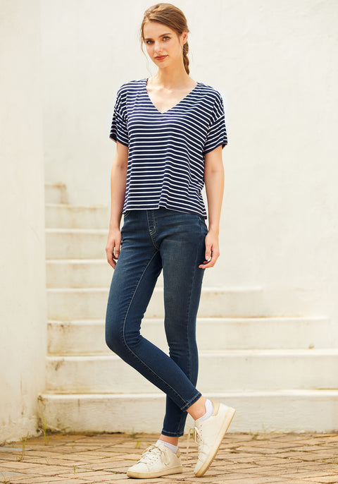 Essential V-Neck Short Sleeve (Navy Stripe) - Final Sale