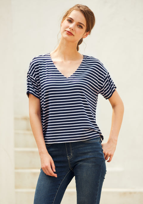 Essential V-Neck Short Sleeve (Navy Stripe) - Final Sale