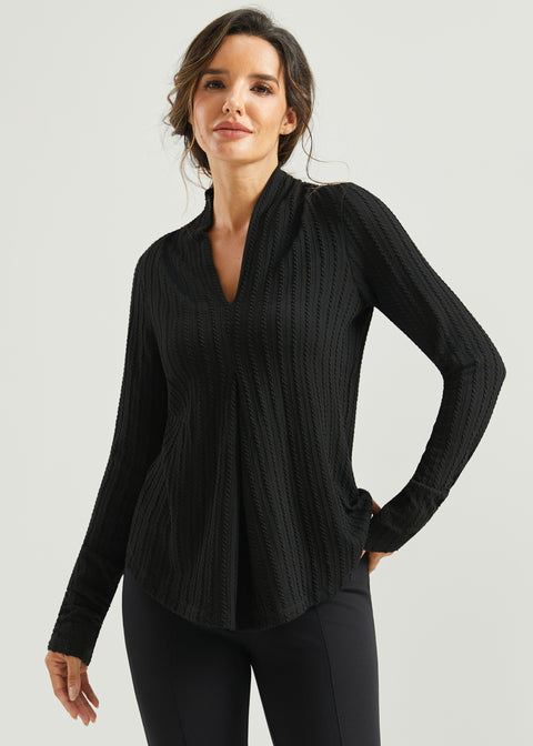 MiniCable Pleated V-Neck Top (Black)
