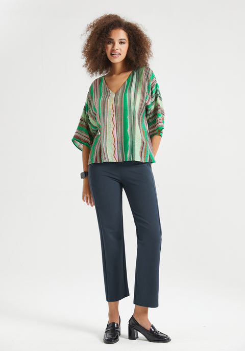 Kimono Sleeve V-Neck Top (Green Stripe Print) - Final Sale