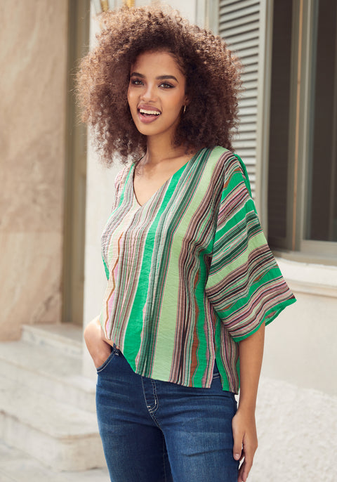 Kimono Sleeve V-Neck Top (Green Stripe Print) - Final Sale