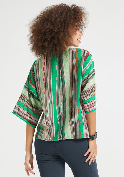 Kimono Sleeve V-Neck Top (Green Stripe Print) - Final Sale