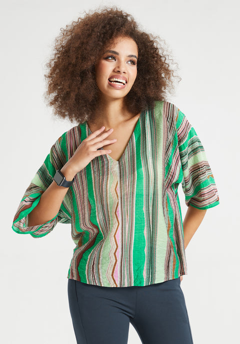 Kimono Sleeve V-Neck Top (Green Stripe Print) - Final Sale