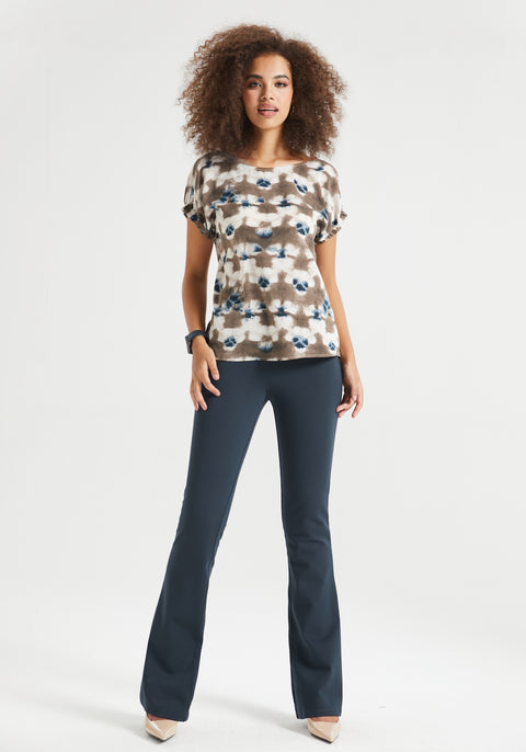 Short Sleeve Boatneck Top (Brown Navy Print) - Final Sale