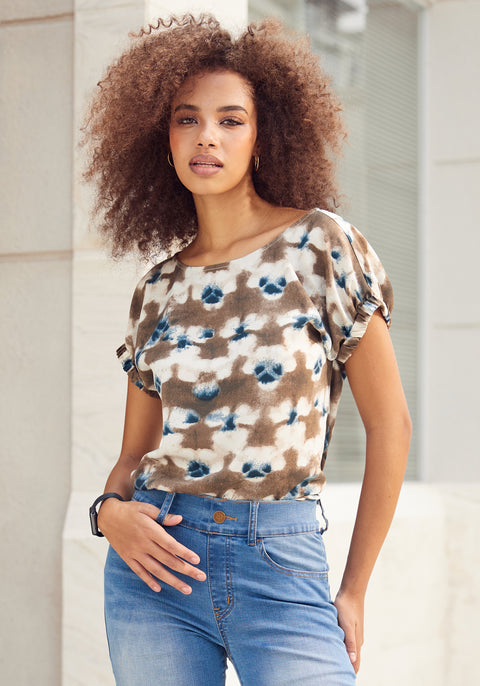 Short Sleeve Boatneck Top (Brown Navy Print) - Final Sale