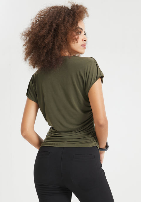 Cap Sleeve Cowl Neck Top (Olive)