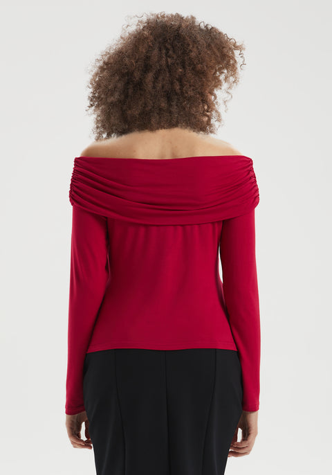 Off-the-Shoulder Draped Long-Sleeve Top (Burgundy)