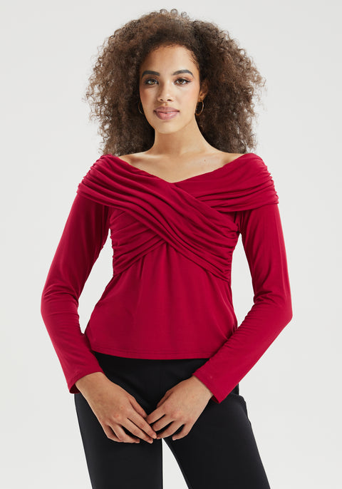 Off-the-Shoulder Draped Long-Sleeve Top (Burgundy)