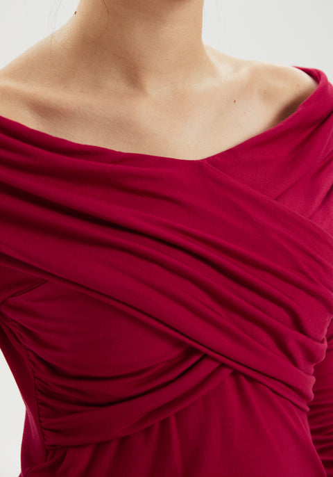 Off-the-Shoulder Draped Long-Sleeve Top (Burgundy)
