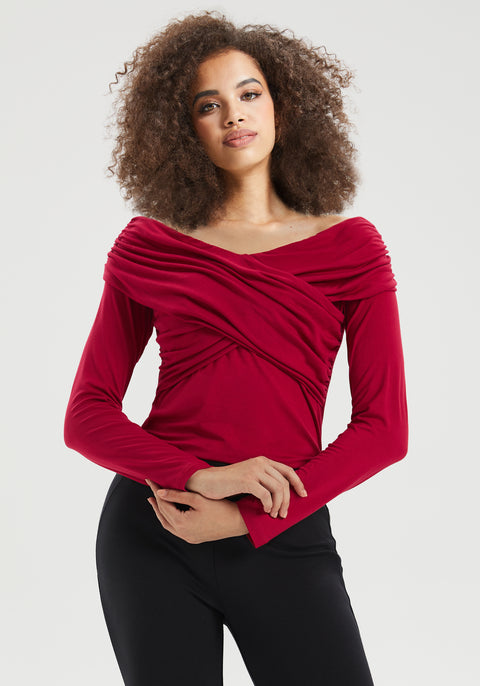 Off-the-Shoulder Draped Long-Sleeve Top (Burgundy)