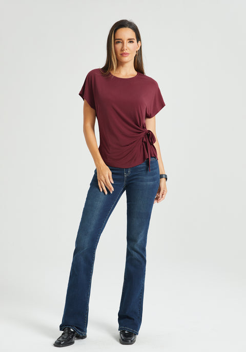 Tie Waist Boatneck Top (Burgundy)