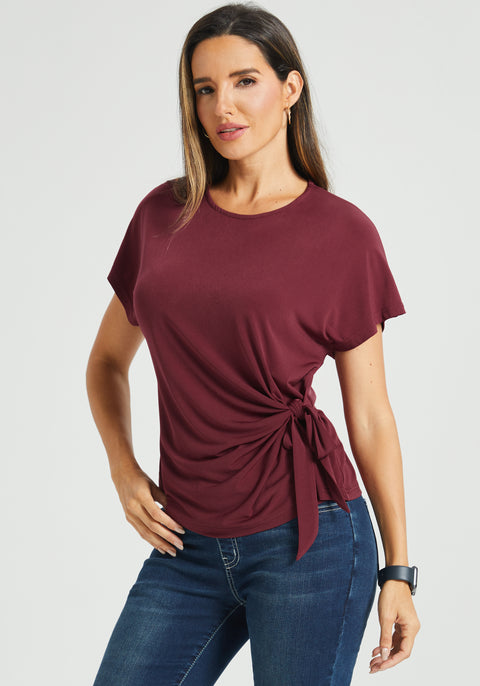 Tie Waist Boatneck Top (Burgundy)