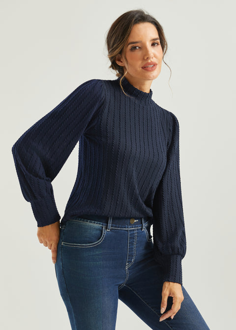 MiniCable Puff Sleeve Mockneck (Navy)