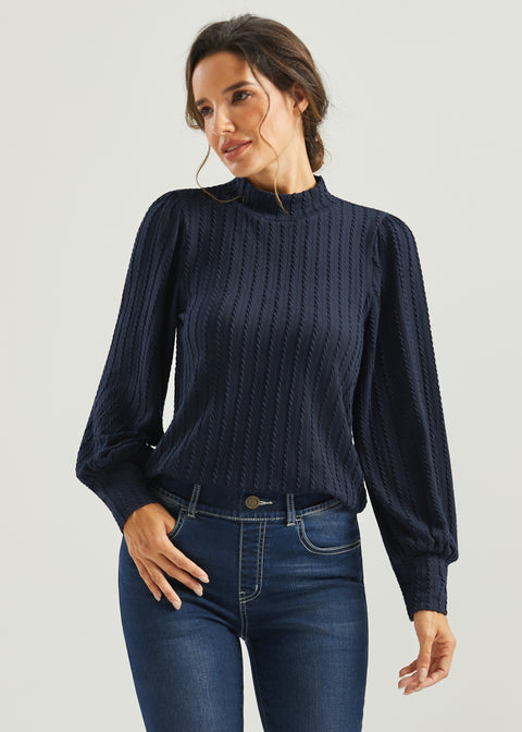 MiniCable Puff Sleeve Mockneck (Navy)
