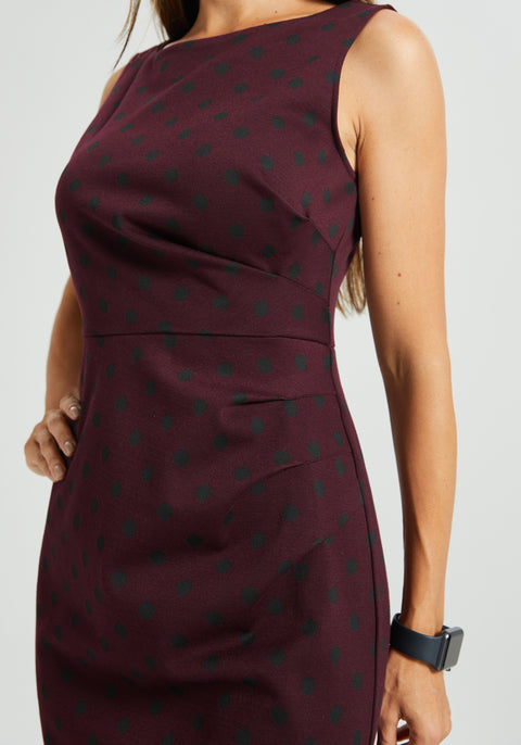Pleat Detail Sleeveless Dress (Burgundy Black Dot)