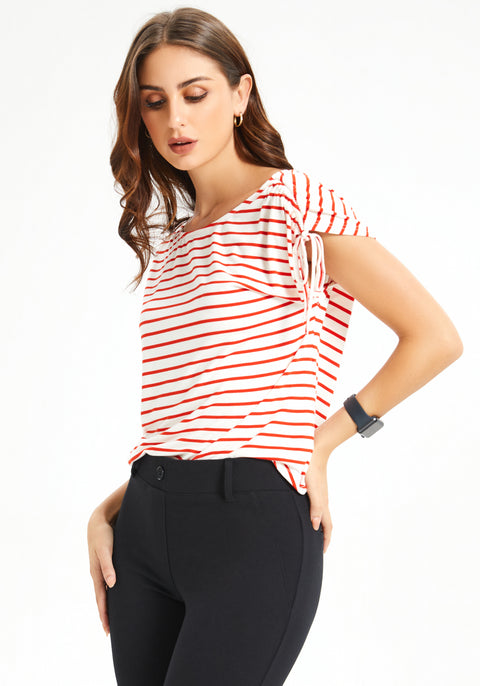 Ruched Shoulder Tee (Red Stripe) - Final Sale