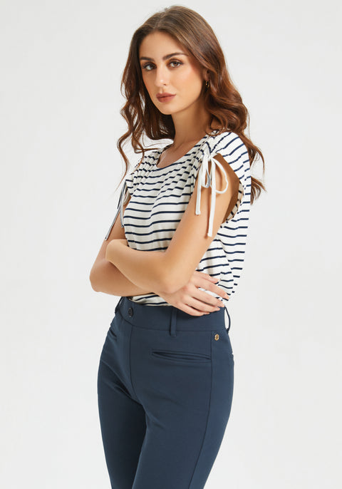 Ruched Shoulder Tee (Navy Stripe) - Final Sale