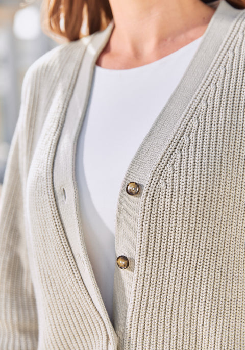 V-Neck Rib Cardigan (Stone) - Final Sale