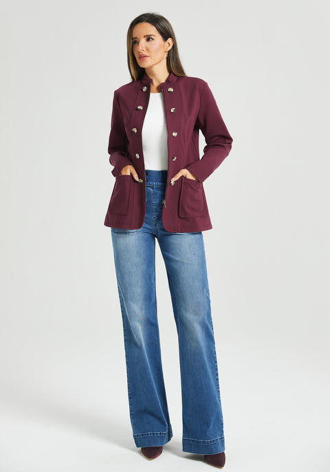 Military Zip Jacket | Machine Washable Stretch Ponte (Burgundy)