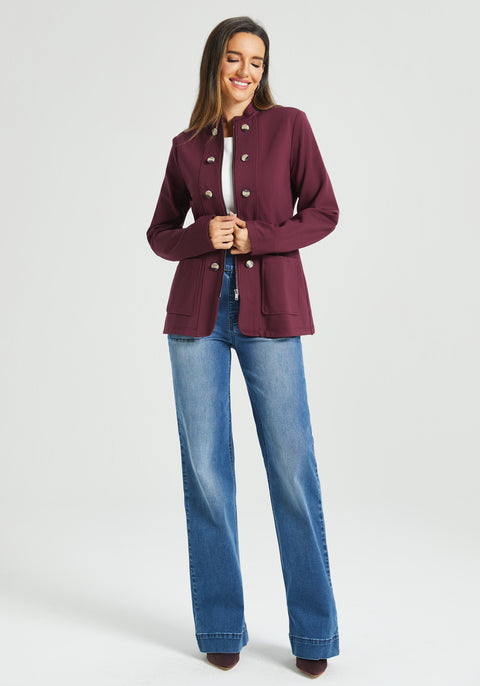 Military Zip Jacket | Machine Washable Stretch Ponte (Burgundy)