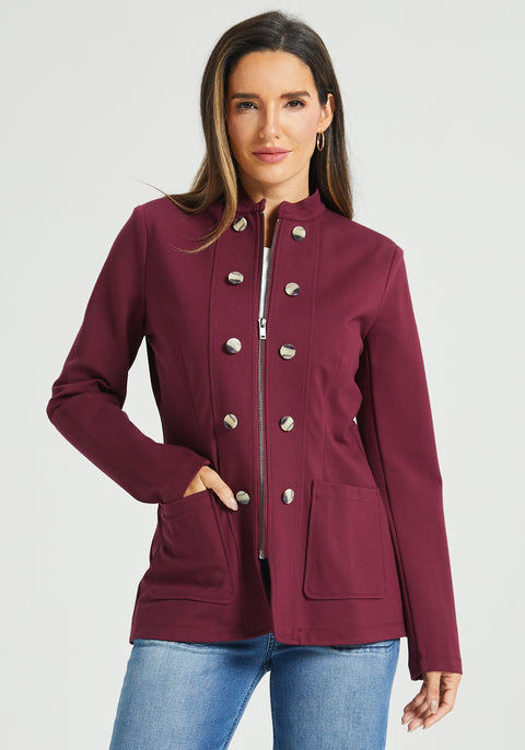 Military Zip Jacket | Machine Washable Stretch Ponte (Burgundy)
