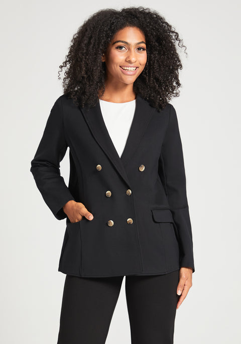 Double Breasted Blazer | Machine Washable Stretch Ponte (Black)