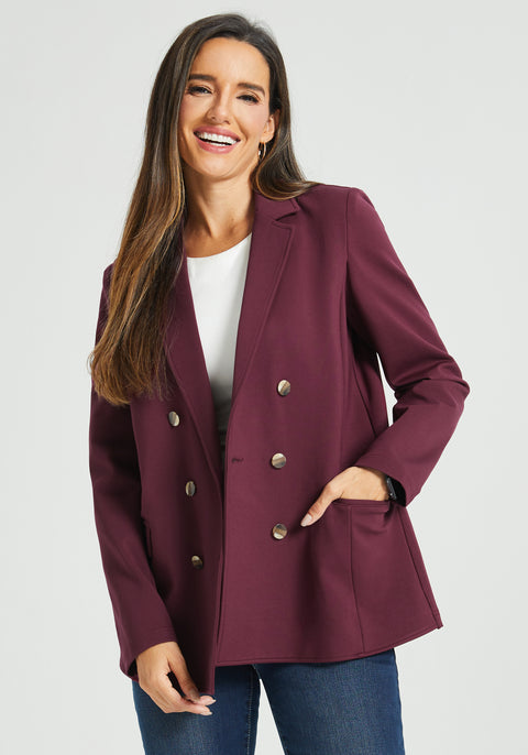 Double Breasted Blazer | Machine Washable Stretch Ponte (Burgundy)