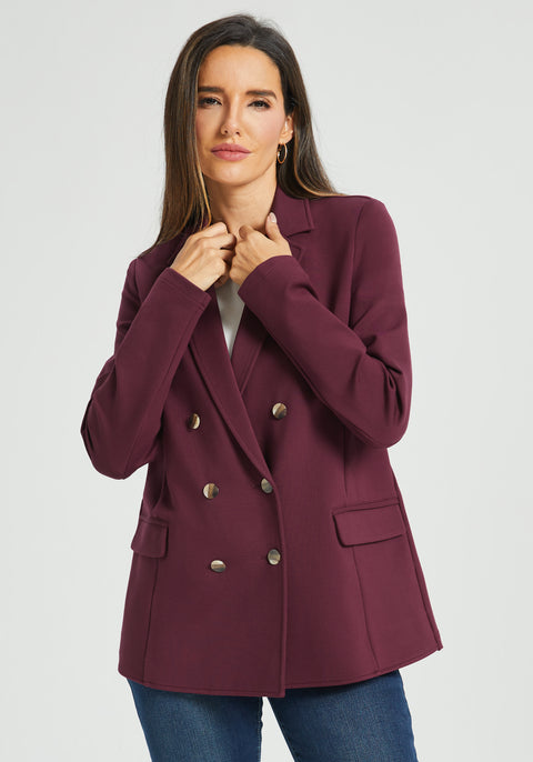 Double Breasted Blazer | Machine Washable Stretch Ponte (Burgundy)