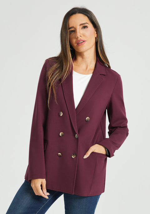 Double Breasted Blazer | Machine Washable Stretch Ponte (Burgundy)
